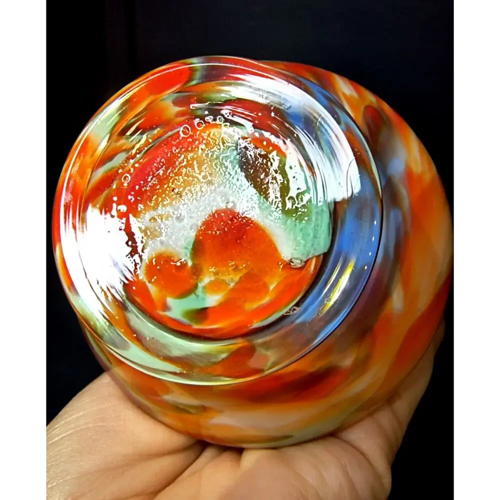 1843.  Art Glass Vase Bright End of Day Swirl Pattern Orange White and Green